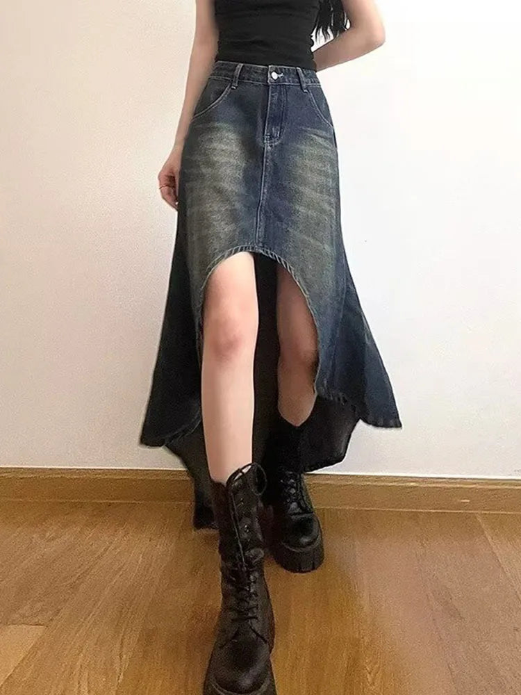 High-Low Slit Denim Skirt