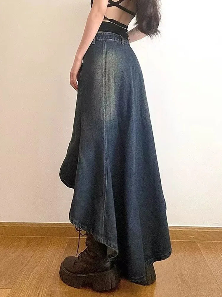 High-Low Slit Denim Skirt